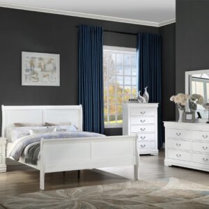 White Louis Philippe Full Size Bed, Dresser, Mirror, Nightstand and Chest Set