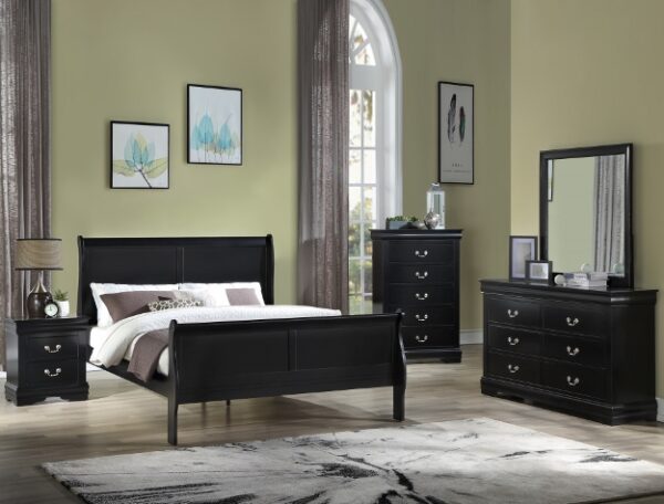 Black Louis Philippe Queen Bed, Dresser, Mirror, Chest, & Nightstand Set