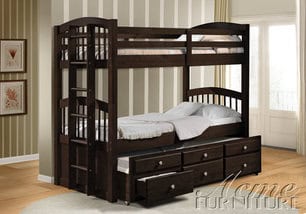 Micah Espresso Finish Twin/Twin Bunk Bed Trundle Set with 3 Bunkie Mattresses