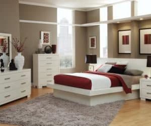 Jessica White California King Size Platform Bed, Dresser, Mirror, & Nightstand Set