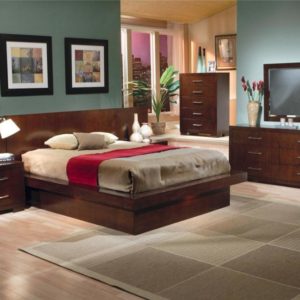 Jessica Cappuccino Queen Size Platform Bed, Dresser, Mirror, & (2) Panel Nightstands Set