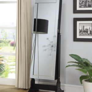 Quilted Black Jewelry Cheval Mirror with Interior Storage