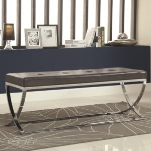 Brown Man-Made Leather Bench with Silver Metal Base