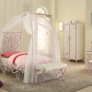 Priya Il Twin Canopy Bed, Nightstand, Armoire, Bench & Vanity Set