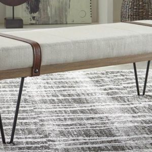 Beige Linen Faux Leather Straps Bench