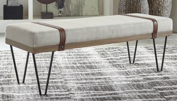 Beige Linen Faux Leather Straps Bench