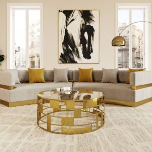 Divani Casa Kiva - Glam Beige and Gold Fabric Sectional Sofa