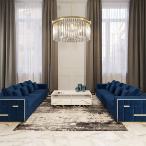 Divani Casa Mobray - Glam Blue & Gold Fabric Sofa