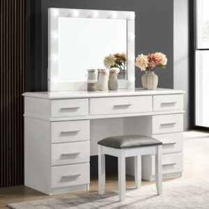 Felicity 9-drawer Vanity Desk with Lighted Mirror Glossy White and Stool
