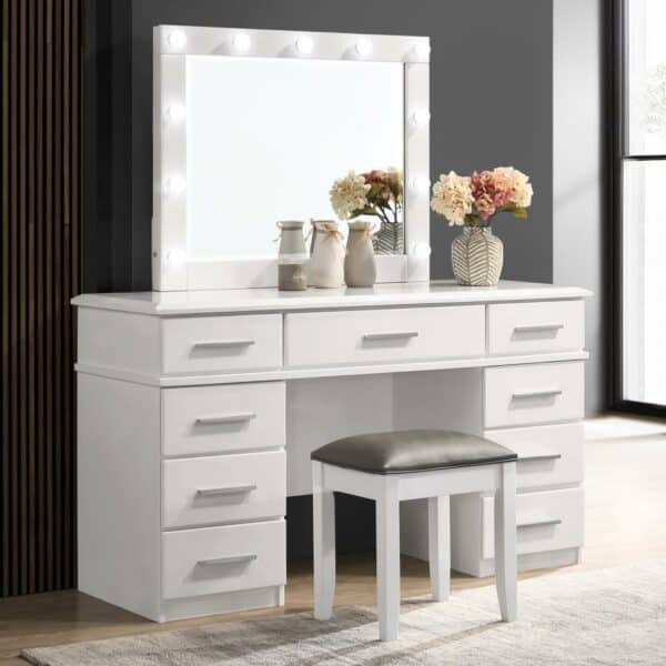 Felicity 9-drawer Vanity Desk with Lighted Mirror Glossy White and Stool