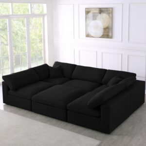 Serene Black Linen Textured Deluxe Modular Down Filled Cloud-Like Comfort Overstuffed Sectional