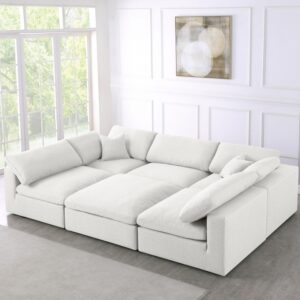Serene Cream Linen Textured Deluxe Modular Down Filled Cloud-Like Comfort Overstuffed Sectional