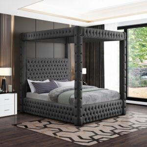 King Royal Gray Canopy Velvet Bed