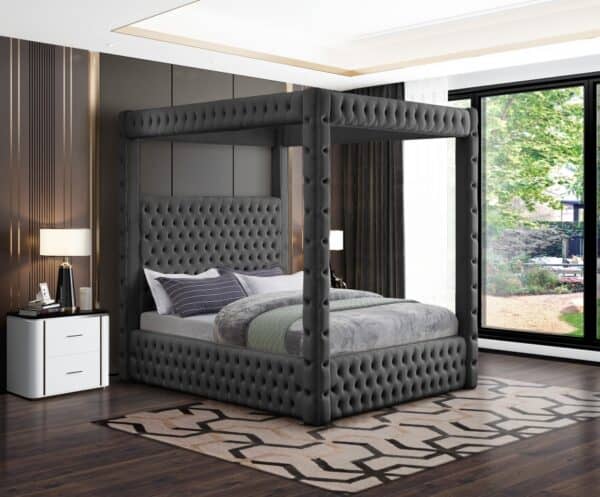 King Royal Gray Canopy Velvet Bed