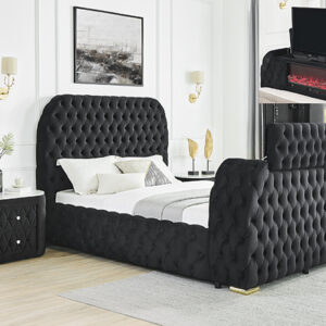 NATALIA BLACK KING BED W/FIREPLACE DECOR, BLUETOOTH SPEAKERS, & TV LIFT
