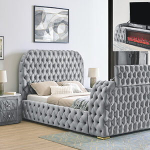 NATALIA GREY KING BED W/FIREPLACE DECOR, BLUETOOTH SPEAKERS, & TV LIFT