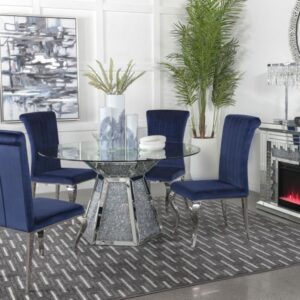 Quinn Blue 5-piece Round Glass Top Mirrored Dining Set