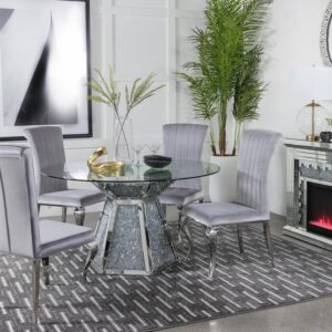 Quinn Grey 5-piece Round Glass Top Mirrored Dining Set