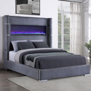 Tisdall Upholstered Grey Queen Flame Visualizer Bed