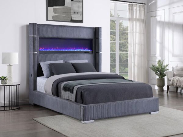 Tisdall Upholstered Grey Queen Flame Visualizer Bed