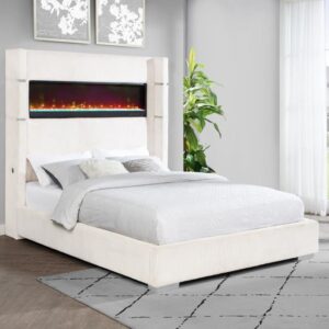 Tisdall Cream Upholstered Eastern King Flame Visualizer Bed