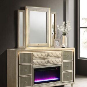 Lorient Ivory and Camel LED Fireplace Dresser & Mirror